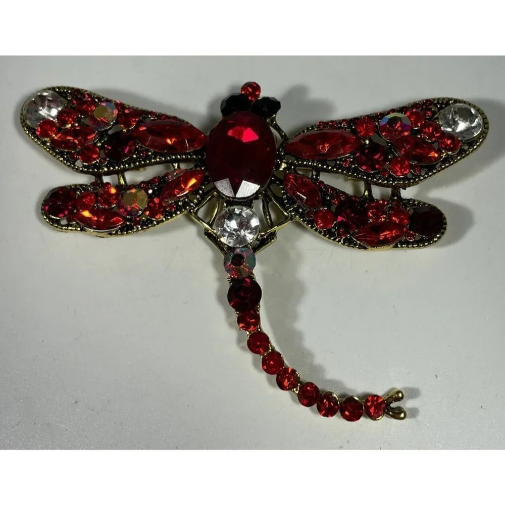 Gold‎ Tone Metal Large Red Rhinestone Dragonfly Brooch Pin Pendant Statement